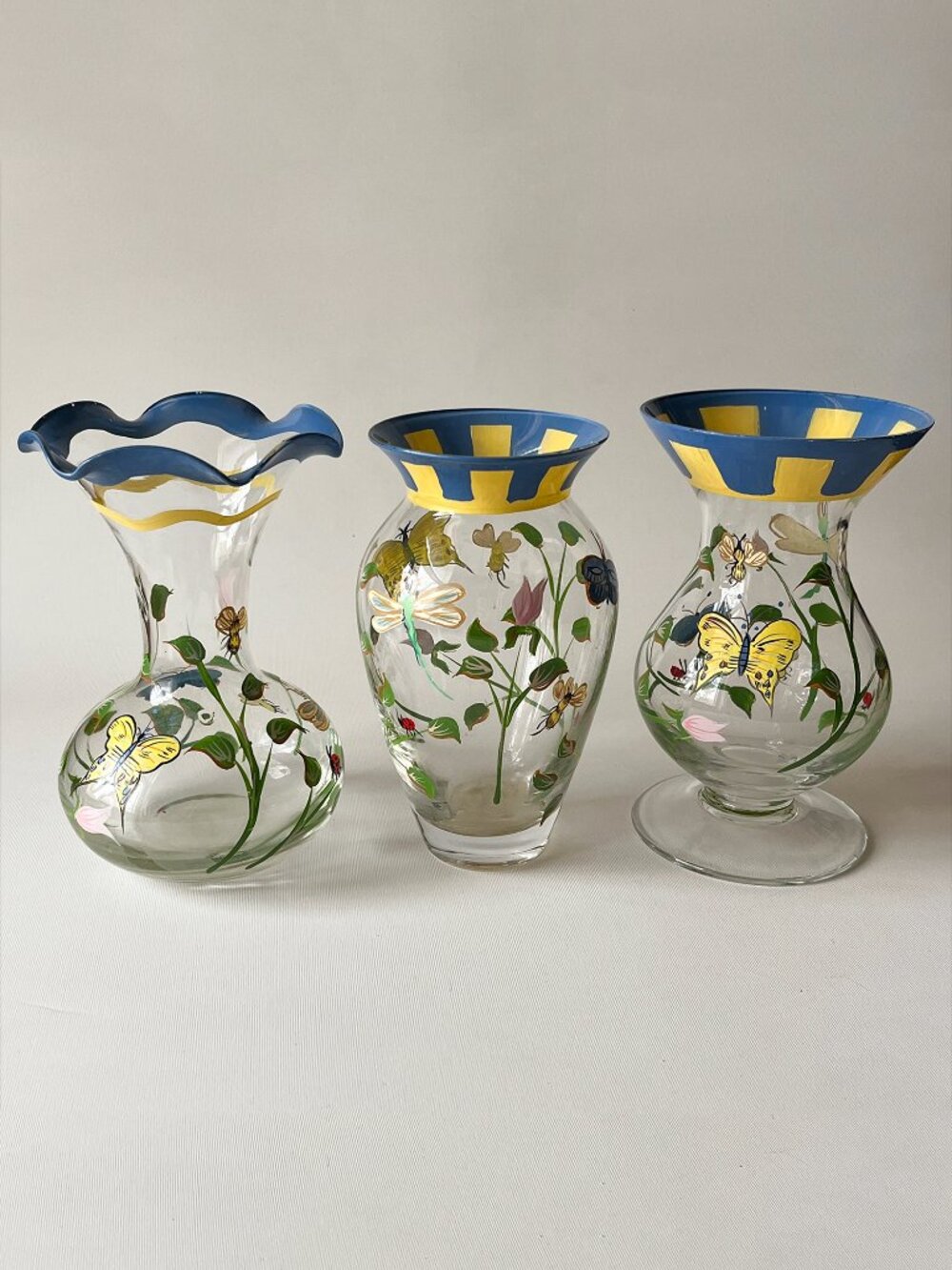 Vintage Lenox Butterfly Meadow Hand Painted Glass Vases Set of 3